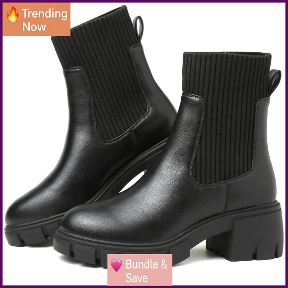 Women's Platform Chelsea Boots Leather Chunky Heel Lug Sole Ankle Booties